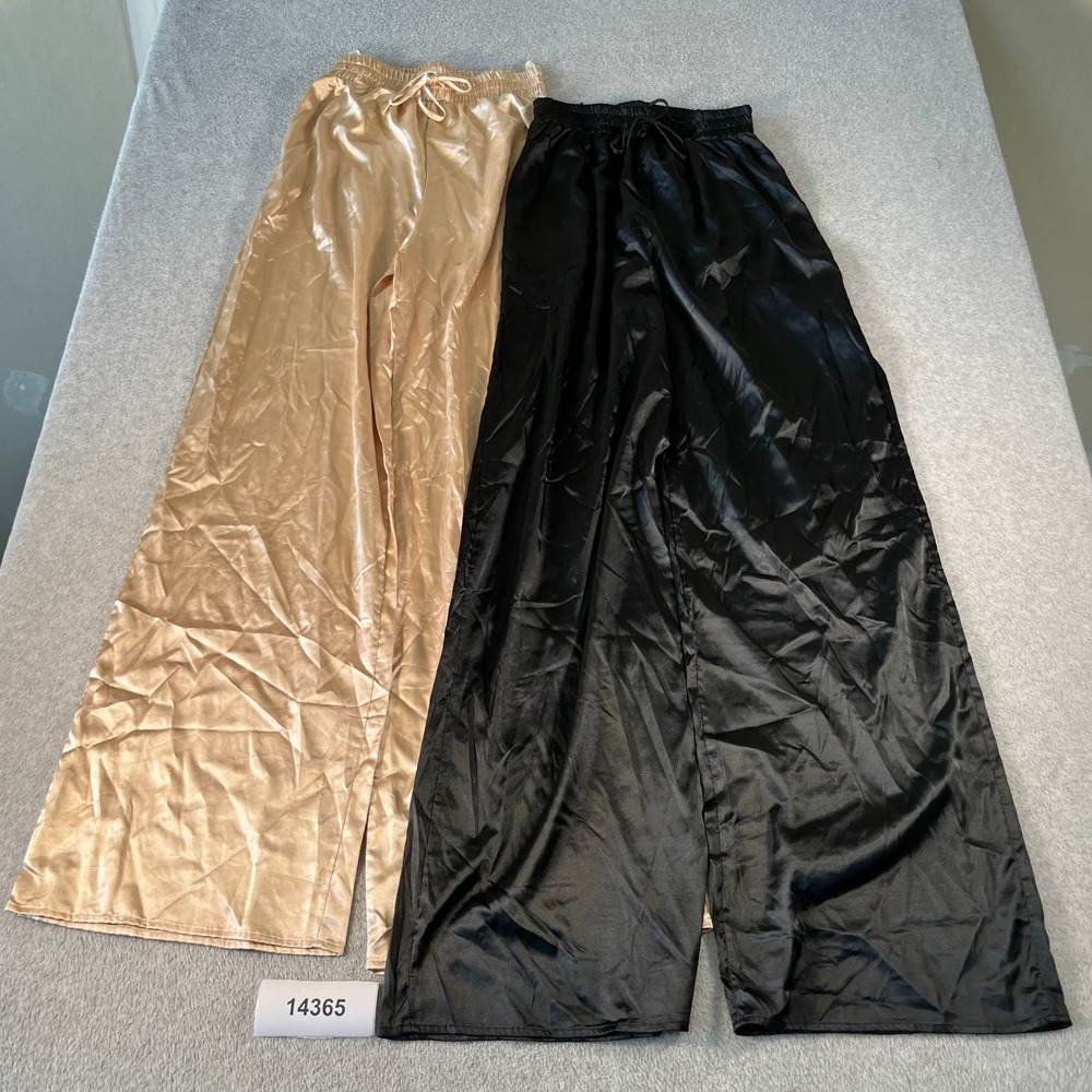 Cefian Trouser Pants Womens Large Beige Black Satin Loose Fit Wide Leg Lot Of 2